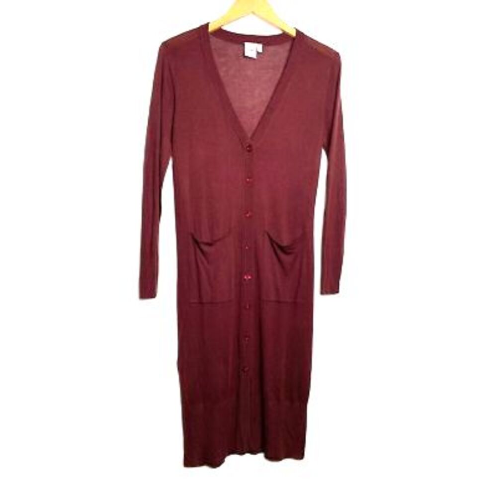 Ichi Womens Duster Sweater Red Long Sleeve Cardigan V Neck Button Ribbed Trim S